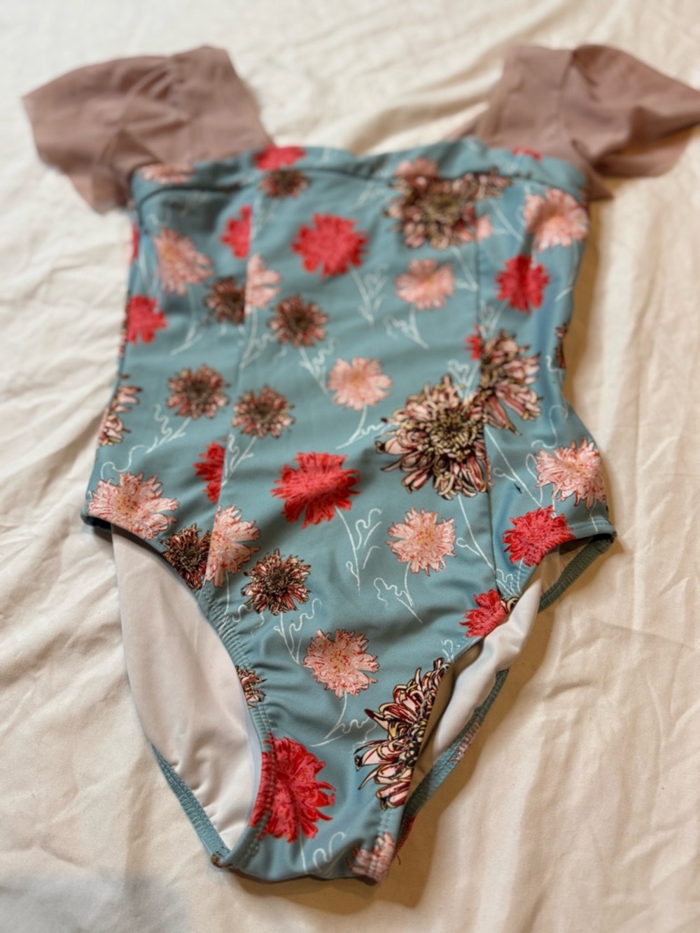 NWOT Floral Teal and Pink Puff-Sleeve Kids Dance Leotard